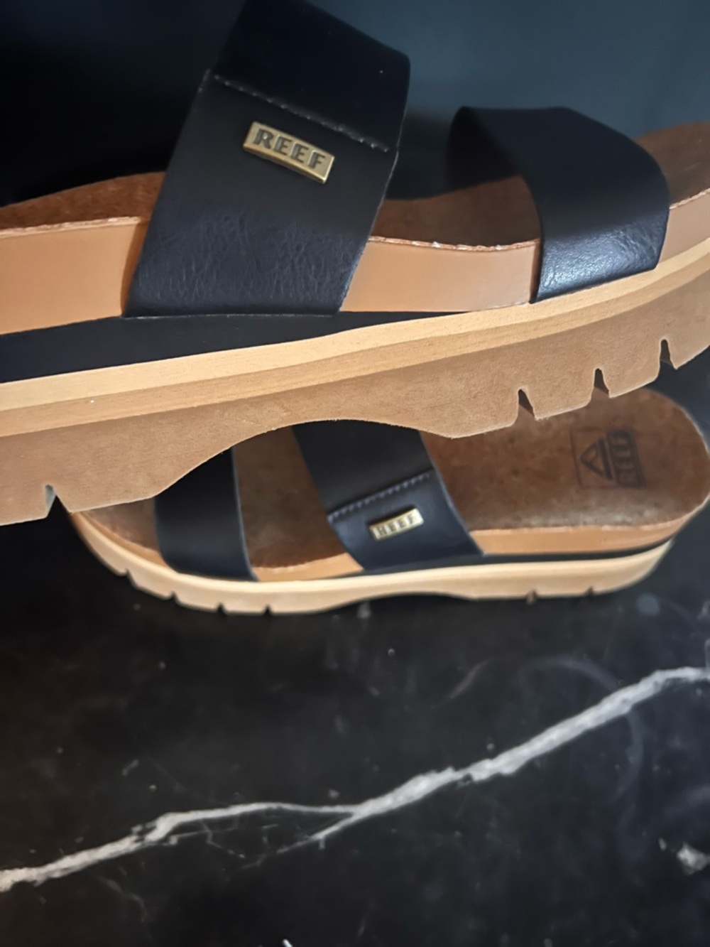Reef Black Double-Strap Platform Sandals with Tan Sole - Picture 5 of 14